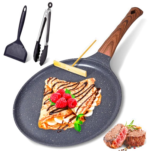 AOSION Crepe Pan Nonstick Dosa Tawa Pan,11 inch Flat Pan,Skillet Pan,Cast Aluminum Tortilla Pan for Pancake Omelette Steak Frying Egg with Ergonmic Handle,For All Stoves