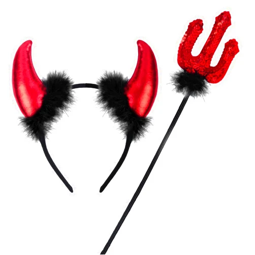 ROSAUI Devil Horns Halloween Headband and Sequin Devil Pitchfork Trident Set – Red & Black Costume Accessories for Adults Men and Women – Perfect for Halloween, Masquerade Balls, and Carnivals
