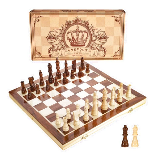AMEROUS 15 Inches Magnetic Wooden Chess Set - 2 Extra Queens - Folding Board - Pieces Storage Slots, Handmade Portable Travel Chess Game - Beginner Chess Set for Kids, 6 up Age