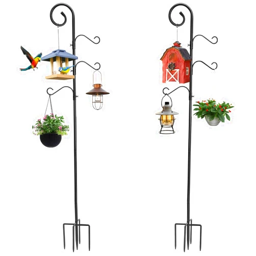 LOENIY 76 Inch Shepherds Hooks for Outdoor 2 Pack, Bird Feeder Poles with 4 Hooks, Shepherds Hook for Bird Feeders Outside with Base, Garden Pole for Hanging Plant Baskets, Weddings Decor (76 Inch)