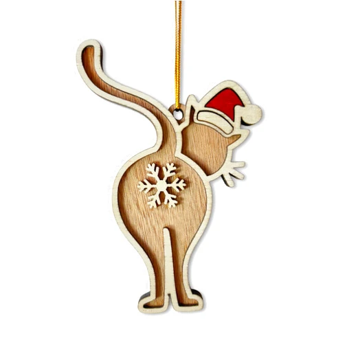 Crazytops Funny Cat Butt Wooden Christmas Ornament - Humorous Santa Cat Holiday Decoration for Tree - Unique Laser-Cut Wood Gift for Cat Lovers - 2024 Christmas Ornament for Cat Lovers