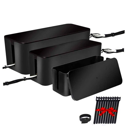 Davidsons Collection [Set of Three] Cable Management Boxes Organizer, Large Storage Wires Keeper Holder for Desk, TV, Computer, USB Hub, System to Cover and Hide & Power Strips & Cords (Black)