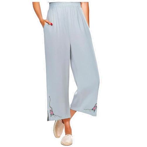 Vrvtoov Floral Embroidered Vintage Trousers Women's Bohemian Loose Cotton Linen Cropped Pants High Waist Pull-on Ankle Pants