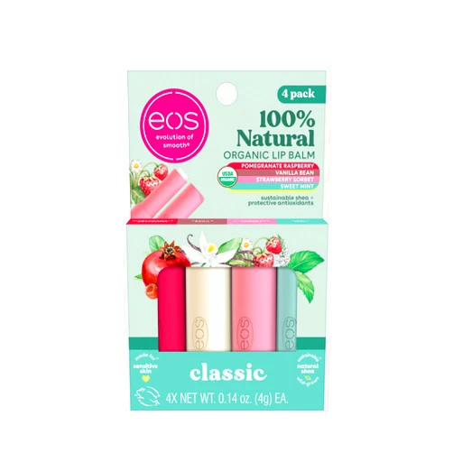 eos 100% Natural & Organic Lip Balm Sticks- Strawberry Sorbet, Vanilla Bean, Sweet Mint & Pomegranate Raspberry, Lip Care Products, 0.14 oz, 4-Pack