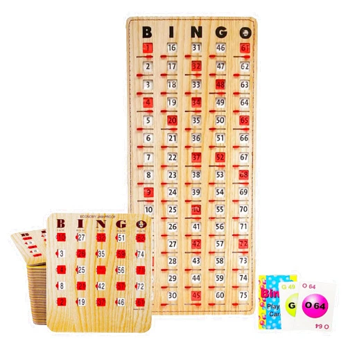 MR CHIPS Jam-Proof Bingo Cards with Sliding Windows, 25 Reusable Shutter Cards, 75 Calling Cards 1 Master Board in Tan Woodgrain Style
