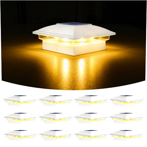 VOLISUN Solar Post Cap Light Outdoor Waterproof 12pack,Solar Fence - Post Lights for 4x4 5x5 6x6 Wooden/Vinyl Post,White Deck Post Cap Light Solar Powered with Warm White for Garden/Patio/Porch