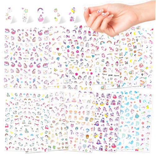 Konsait Nail Stickers Decals (1200 Designs), Self Adhesive 3D Nail Art Stickers Rainbow Diamond Nail Tips Decorations Manicure Decor for Kids Girls Birthday Party Favor Nail Salon Gift