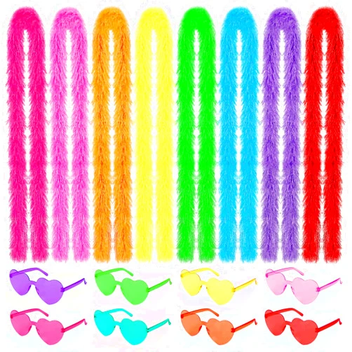BOARDFEB 16Pcs Feather Boas Party Pack with 8Pcs Artificial Feather Boas 6.6ft and 8Pcs Heart Sunglasses for Wedding Birthday Party Favors