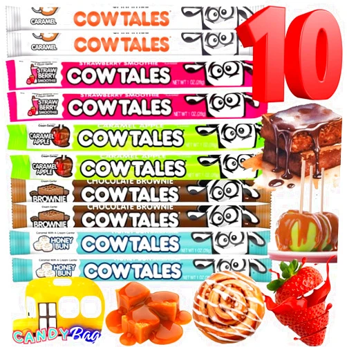 Cow Tales (PACK OF 10) Cow Tales Lovers - 2 Extra Large Pieces of 5 Flavor Variety - Brownie, Honey Bun, Strawberry, Apple, and Vanilla - Soft & Chewy Cream Center Candy Individually Wrapped - Comes With One Bus Resealable ZipBag