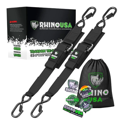 Rhino USA Boat Trailer Straps (2-Pack)- Heavy Duty 2 Inch x 48 Inch Boat Tie Down Straps to Trailer- Ultimate Adjustable Transom Tie Down Straps for Trailering Safety with Boat, Jet Ski, & More! Black