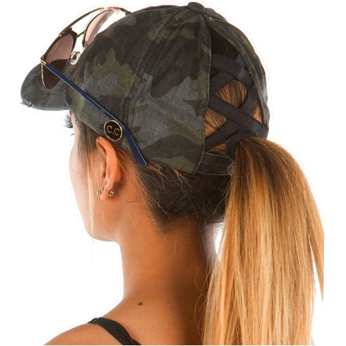 Funky Junque Criss Cross Hat Womens Ponytail Messy Bun Side Buttons Baseball Cap