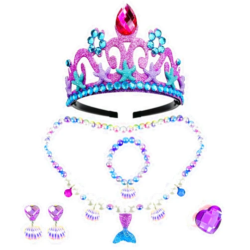 Keenjorika 6pcs Girls Princess Necklace Bracelets Ear Clips Set Mermaid Crown Pendant Colorful Plastic Princess Party Dress Up Pretend Play Christmas Gift