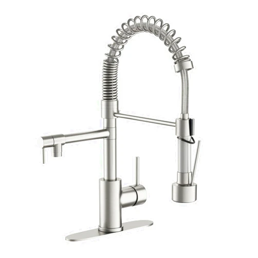 Geobella Dual Spout Kitchen Faucet with Pull Down Sprayer, Brushed Nickel Stainless Steel Commercial Sink Faucet with Pot Filler, Single Handle, 1 or 3 Hole Install, for Farmhouse RV Laundry Utility Wet Bar