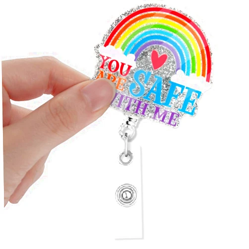 Xipromi You are Safe with Me Badge Reels Retractable Glitter with Clip, Funny Rainbow Badge Holder Gift for LGBTQ Lover ICU Nurse Doctor Teacher Medical Student, Pride Month Gift for Social Worker