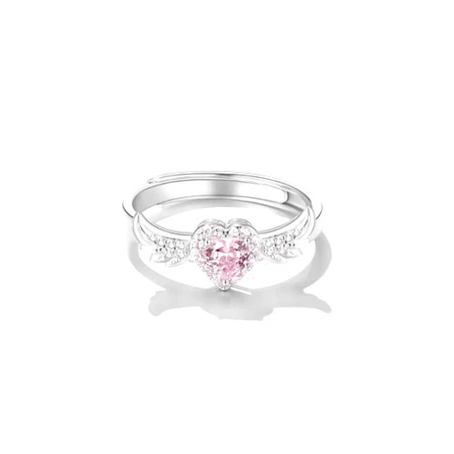 YILUOCD Pink Angel Wings Heart Rings, Adjustable Opening Size Rings for Women, Angel Memorial Ring with Heart Gemstone, Promise Ring Best Birthday Gift Christmas Gifts