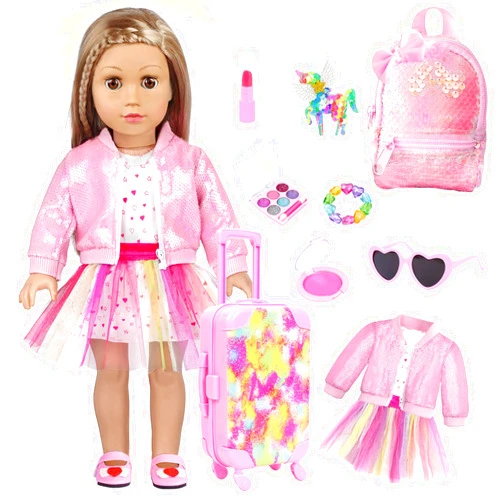 BDDOLL American 18 Inch Doll Clothes and Accessories with Travel Suitcase and Makeup fit 18 Inch Doll Includes Suitcase, Backpack, Sunglasses Lipstick, Eyeshadow Palette, Bracelet, Hair, Blusher