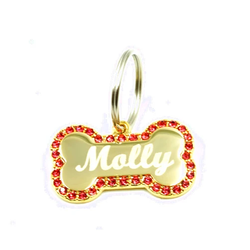Yippo Accessories Custom Engraved Personalized Gold-Plated Bone Shape Pink Rhinestones Pet Jewelry Cat Dog ID Tag for Casual Use