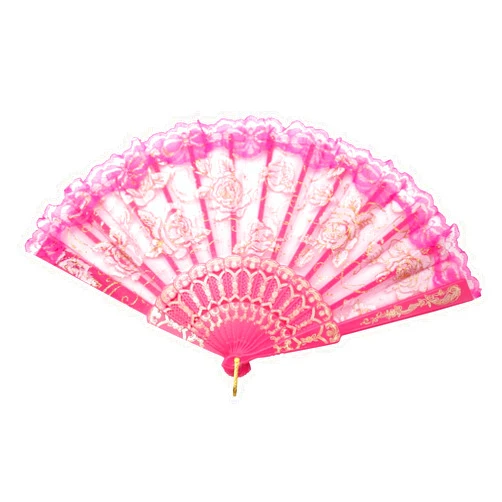 TRENDBOX Flower Rose Lace Handheld Chinese Folding Fan For Dancing Ball Parties Ladies - Hot Pink