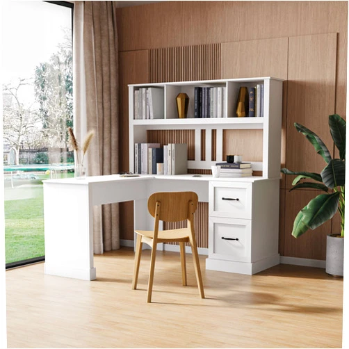 Merax L Shaped Computer Desk Home Office Desk with Hutch, Drawers & Bookshelf, Corner Desk, Study Table Writing Desk with Storage for Home Office, Small Writing, Easy Assemble (White)