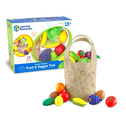 Learning Resources Fresh Picked Fruit And Veggie Tote - 17 Pieces, Ages 18mos+ Pretend Play Toys, Fruits and Vegetables for Kids, Play Food for Toddlers, Preschool Toys