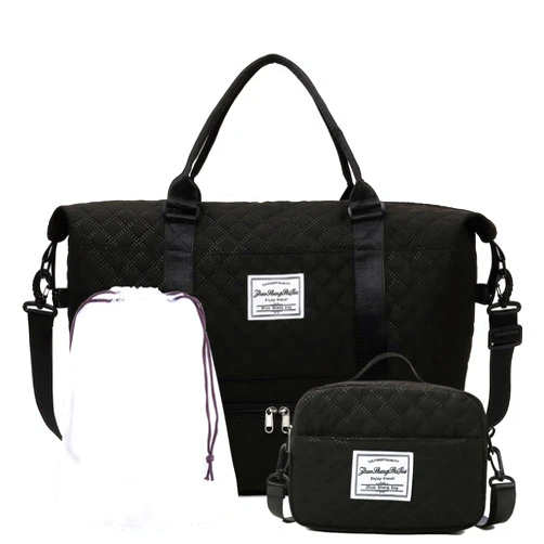 SynoRiver Travel Duffle Bag,Weekender Bags for Women with Shoe Compartment，Carry on Overnight Bag with Toiletry Bag,Gym Duffel Bag with Wet Pocket, Hospital Bags for Labor and Delivery (Black-Large-3 Pcs)
