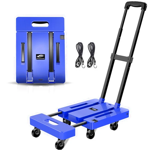 SPACEKEEPER Folding Hand Truck, 500 LB Capacity Luggage Cart, Portable Folding Dolly with 6 Wheels and 2 Elastic Ropes for Luggage, Personal, Travel, Auto, Moving and Office Use, Blue