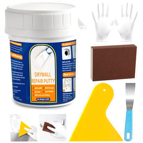 Jollidecor Drywall Repair Kit 8.8OZ Spackle Wall Repair Kit with Scraper Sanding Pad to Quick Fix Wall Surface Holes and Creak Damage Wall Mending Agent for Home Wall Putty Plaster Dent Wood Scratch Repair