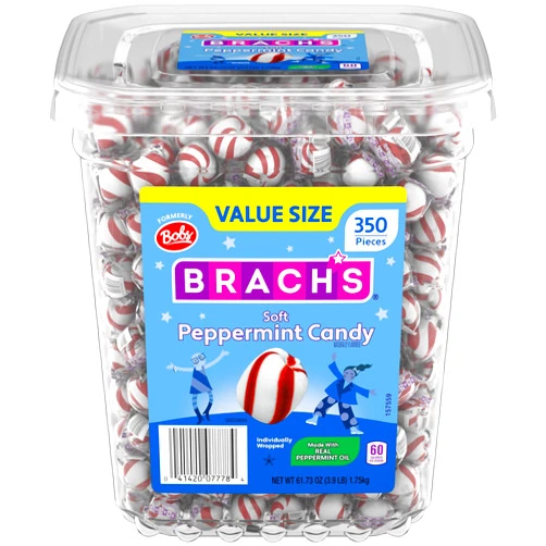 Brach's Bobs Sweet Stripes Soft Peppermint Candy, Individually Wrapped Pieces, 3.9 lb Tub (350 Count)