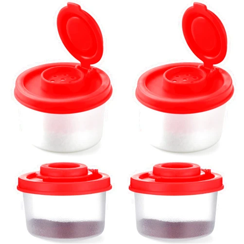 Aedida 4 Pcs Salt and Pepper Shakers Set Mini Plastic Pepper Shaker with Lid Damp Proof Popcorn Containers Clear Spice Jars Salt Shaker for Travel Camping Picnic Lunch Dining Kitchen (Red, Small)