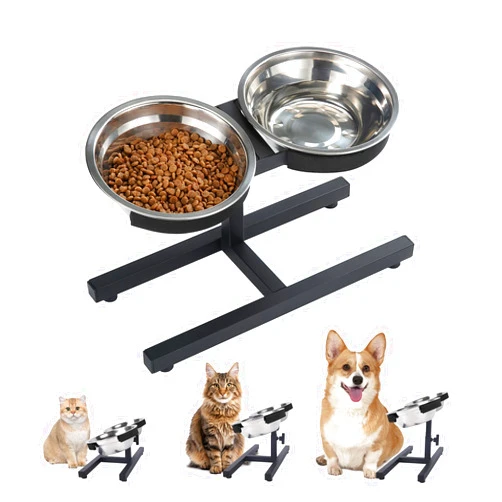 CatAve Elevated Cat Bowls,Raised Cat Bowls for Indoor Cats with Height-Adjustable Stand,15° Tilted Cat Food Bowls Whisker Friendly 2 Stainless Steel Bowls for Cats and Puppy