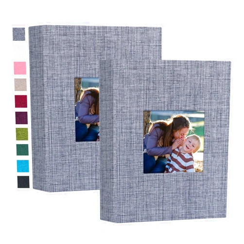 Mublalbum 2 Pack Small 4x6 Photo Album Linen Cover with Display Window Mini Picture Book Each Holds 52 Vertical Pockets for Artwork Postcards or Pictures Storage (Gray)