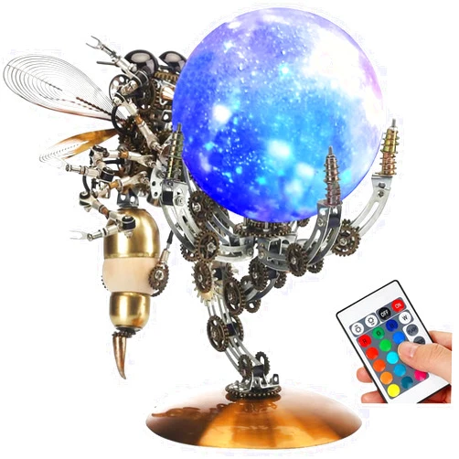 PUOSUO 3D Metal Puzzle for Adults, DIY Mechanical Assembly Wasp Metal Model Kits with RGB Colors Lamps 3D Jigsaw Puzzles Desk Ornament (RGB lightt)