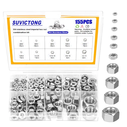 SUVICTONG 155Pcs SAE Hex Nuts Assortment Kit,4#40 6#32 8#32 10#24 10#32 12#24 1/4-20 5/16-18 3/8-16 1/2-13 304 Stainless Steel Hardware Nuts Set for Screws Bolts by SUVICTONG