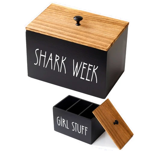 RuDily Tampon Holder for Bathroom, Farmhouse Pad Orgainzier Container, Rustic Wood Bathroom Storage Bin with Lid, Movable Partition Feminine Product Organizer, Tampon Storage Container (Black&Wood Lid)