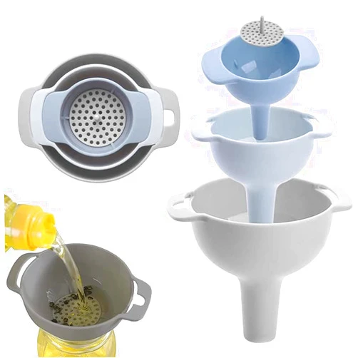 Deceny CB Kitchen Funnels for Filling Bottles, 4 in 1 Oil Funnel with Detachable Strainer Filter, Food Funnel for Liquid, Dry Ingredients and Powder
