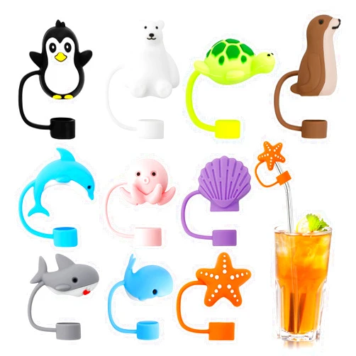 Zasukol 10pcs Sea Animal Cute Straw Cover Cap for Stanley Cup Silicone Straw Topper Compatible with Stanley 30&40 Oz Tumbler Dust-Proof Protector Straw Reusable Drinking Straw Tips Lid (10mm 0.4in）