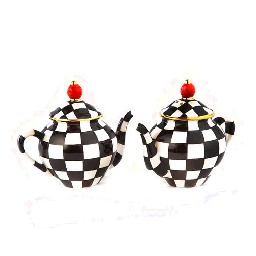 MACKENZIE-CHILDS Teapot Salt and Pepper Set, Black-and-White Ceramic Shakers. Courtly Check