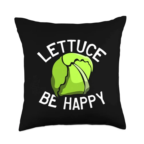 Funny Plant Based Diet Vegetarian & Vegan Designs Lettuce Be Happy Cute Vegan Vegetarian Vegetables Salad Throw Pillow, 18x18, Multicolor