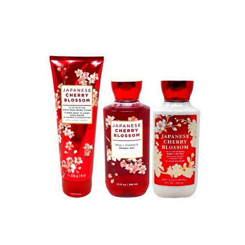 Bath & Body Works Japanese Cherry Blossom Gift Set - 3 Piece Bath and Body Works Gift Set - Japanese Cherry Blossom Lotion + Ultra Shea Triple Moisture Cream + Shower Gel