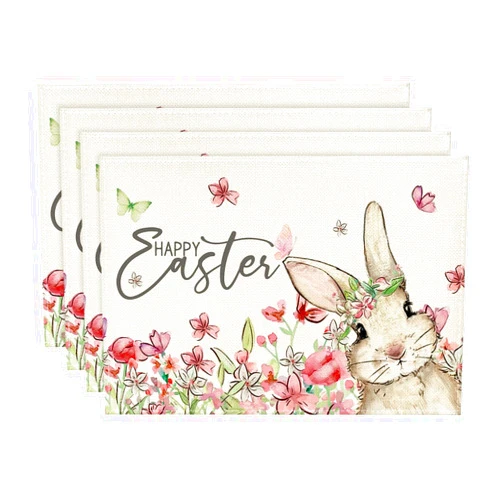 Artoid Mode Floral Bunny Rabbit Easter Placemats Set of 4, 12x18 Inch Seasonal Spring Table Mats for Party Kitchen Dining Decoration
