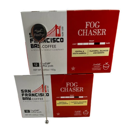 FOXFYR Coffee Pod Bundle Includes: (2) 12 Count Boxes of San Francisco Bay Fog Chaser Coffee Pods, and (1) Premium Reusable Stainless Steel FoxFyr Swizzle Stir Stick.