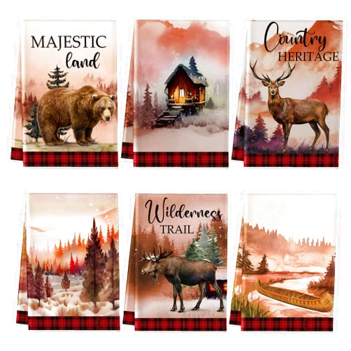 Mixweer 6 Pcs Wildlife Towels 16 x 24 Inch Forest Animals Kitchen Towels Wildlife Dish Towels Moose Deer Bear Hand Towels Cabin Tea Towel Absorbent Dishcloth for Kitchen Bathroom Decor