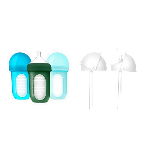 Boon Nursh Reusable Silicone Baby Bottles with Conversion Straw Sippy Cup Lids - Stage 2 Medium Flow Nipples - Blue - 8 Oz - 3 Count