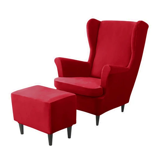 JHLD Stretch Wing Chair Cover Set, Velvet Wingback Chair Cover and Ottoman Cover 2 Piece Wing Chair Slipcover 1 Piece Ottoman Slipcover for Living Room-Wine red-3 Piece