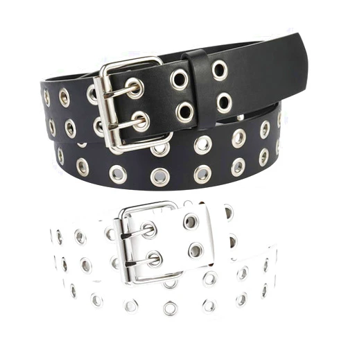 BKpearl 2 Pack Double Grommet Belt, PU Leather Punk Belt 2 Hole Grommet Jeans Belt for Women Men