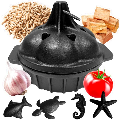 UKENEM Small Cast Iron Garlic Roaster with 4 Iron Fish, Pre-Seasoned Smoker Roaster, Garlic Cooker, Garlic Roasting Pot, Mini Cocotte Garlic Potato Baker, Wood Chip Smoker Box for BBQ Meats Vegetables