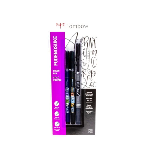 Tombow 62039 Fudenosuke Brush Pens, 3-Pack. Soft, Hard, and Twin Tip Markers for Calligraphy and Art Drawings