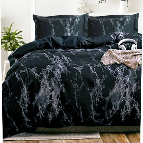 Essina Queen Duvet Cover Set – 3 Pcs Microfiber Duvet Cover with 2 Pillow Shams – Wrinkle Resistant Duvet Cover Queen – Boho Duvet Cover Zipper Closure and 4 Corner Ties – Black Marble