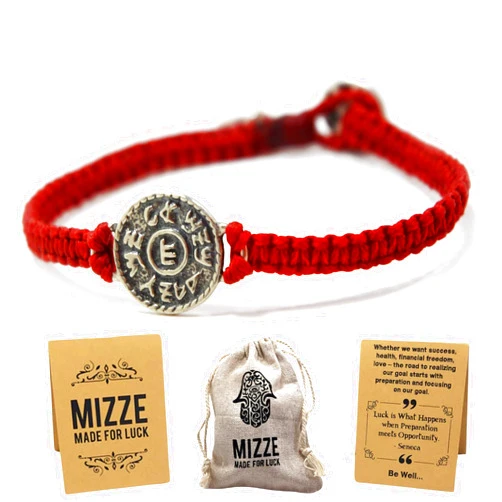 MIZZE Made for Luck Red String Macrame Prosperity Financial Success & Evil Eye Protection Bracelet with Silver Coin Charm - Gift for new job, long distance relationship gift, new business gift