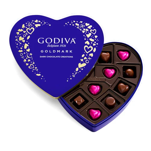 Godiva Chocolatier Heart Shaped Box of Chocolates - Deluxe Heart Chocolate Box with Dark Chocolate Pralines - Elegant Valentine’s Day Gift Box Keepsake Tin for him or her-14 pc